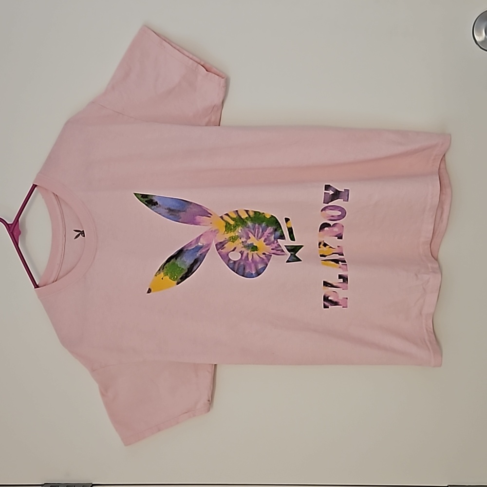 PLAYBOY pink with Spring tie-dye colors bunny logo Lrg.